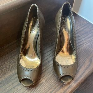Gucci Brown Leather Whipstitch Peep-Toe Platform Pumps Size 37.5